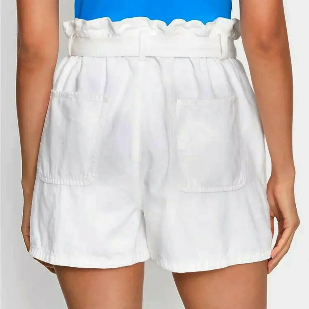 NEW Loft M Pink Paperbag Button Front Denim Jean Shorts Tie Belt‎
